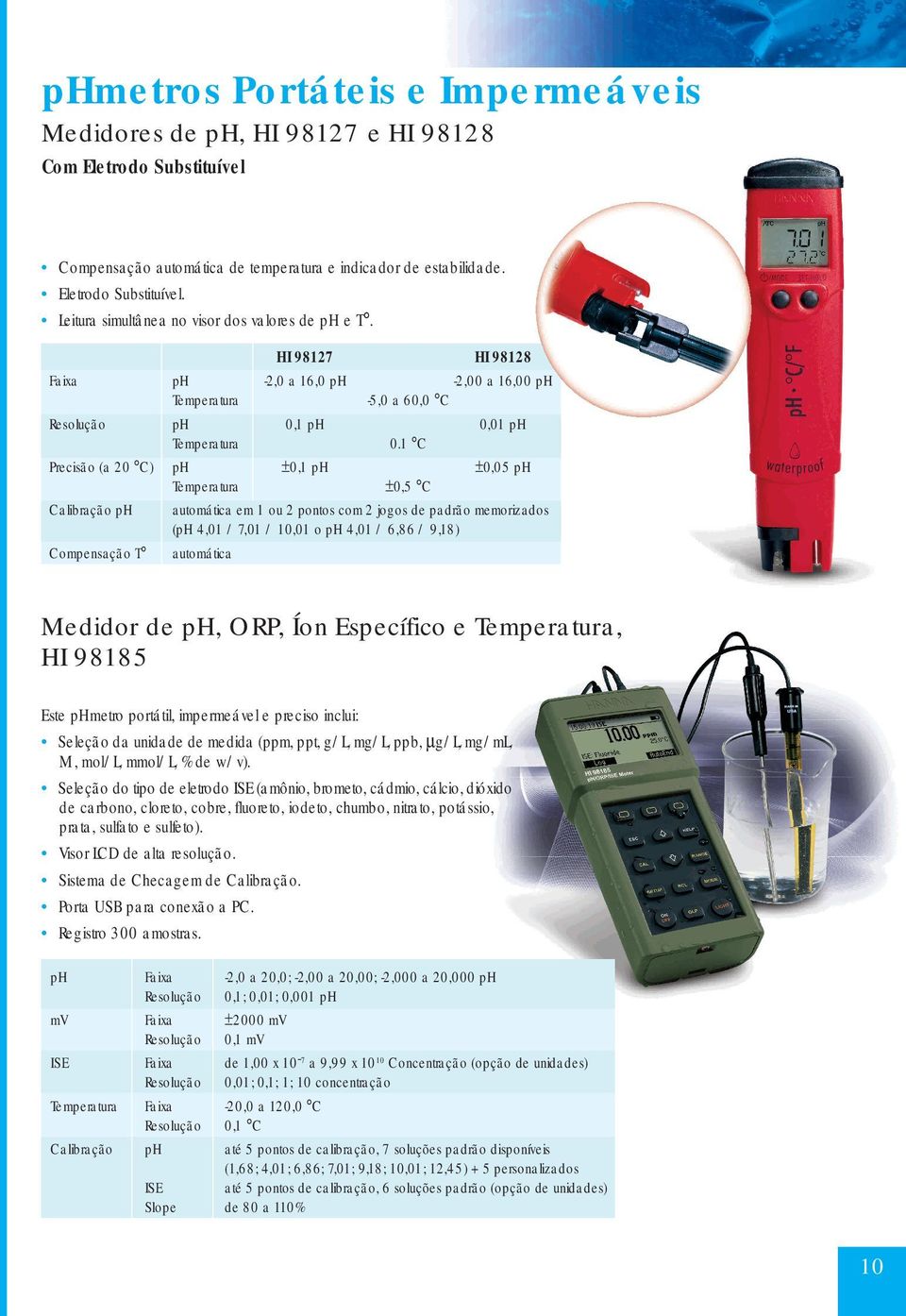 1 C Precisão (a 20 C) ph ±0,1 ph ±0,05 ph Temperatura ±0,5 C Calibração ph automática em 1 ou 2 pontos com 2 jogos de padrão memorizados (ph 4,01 / 7,01 / 10,01 o ph 4,01 / 6,86 / 9,18) Compensação T