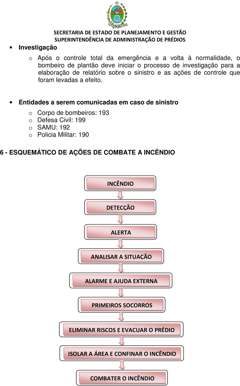 Entidades a serem comunicadas em caso de sinistro o Corpo de bombeiros: 193 o Defesa Civil: 199 o SAMU: 192 o Policia Militar: 190 6 - ESQUEMÁTICO