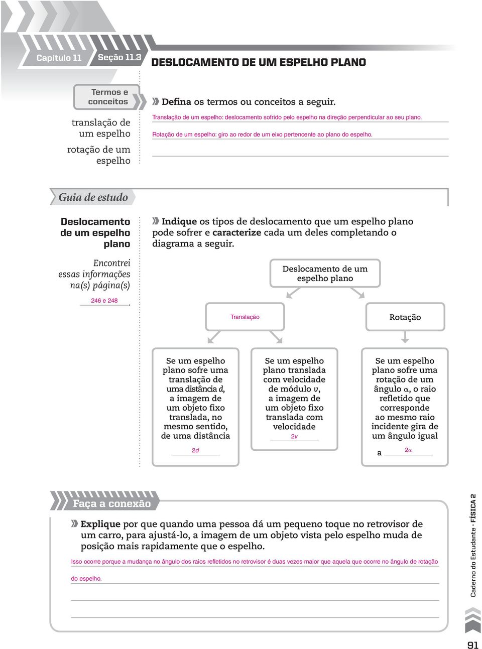 sofrer e caracterize cada um deles completando o diagrama a seguir Deslocamento de um espelho plano 246 e 248 Translação Rotação Se um espelho plano sofre uma translação de uma distância d, a imagem