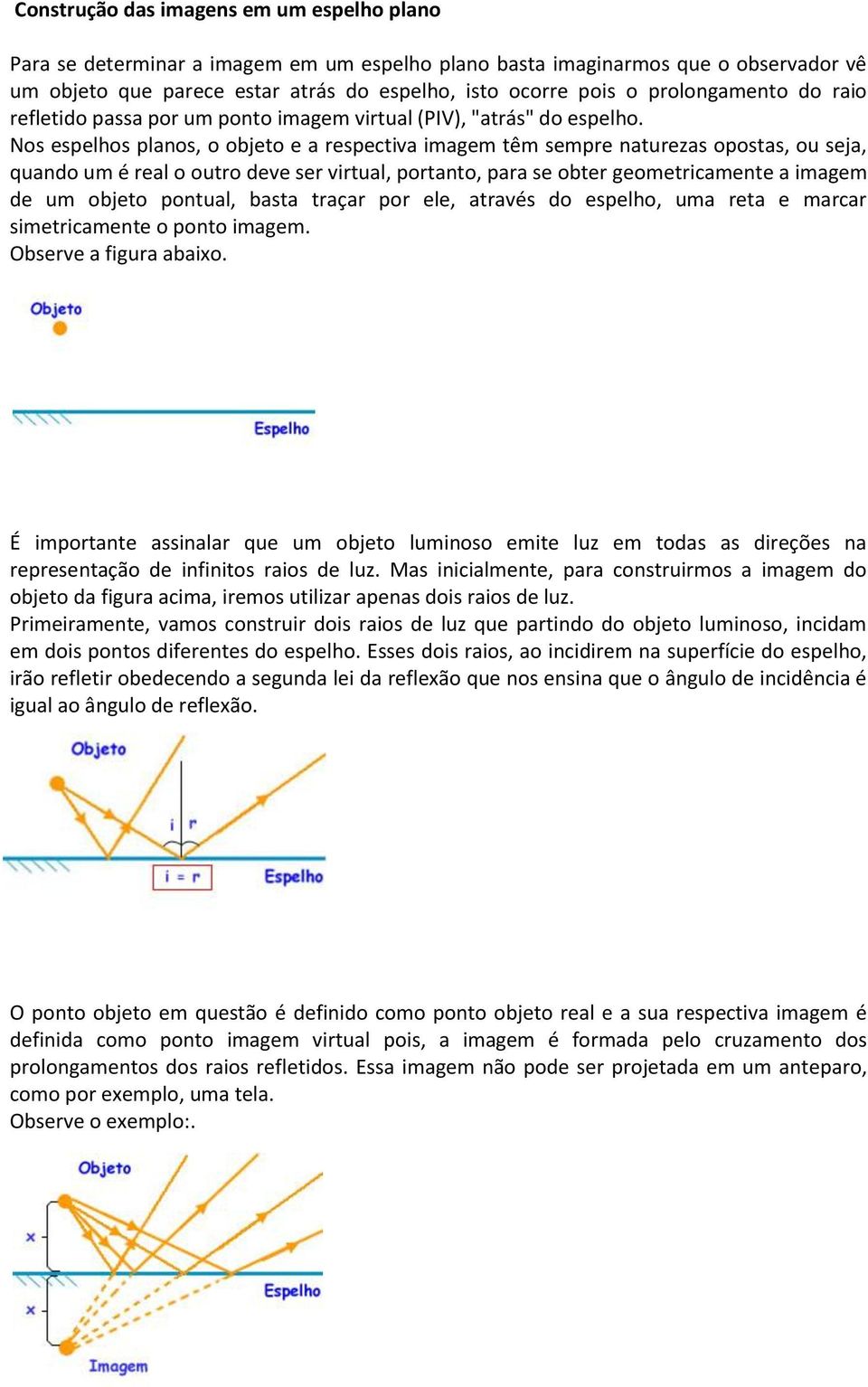 Nos espelhos planos, o objeto e a respectiva imagem têm sempre naturezas opostas, ou seja, quando um é real o outro deve ser virtual, portanto, para se obter geometricamente a imagem de um objeto