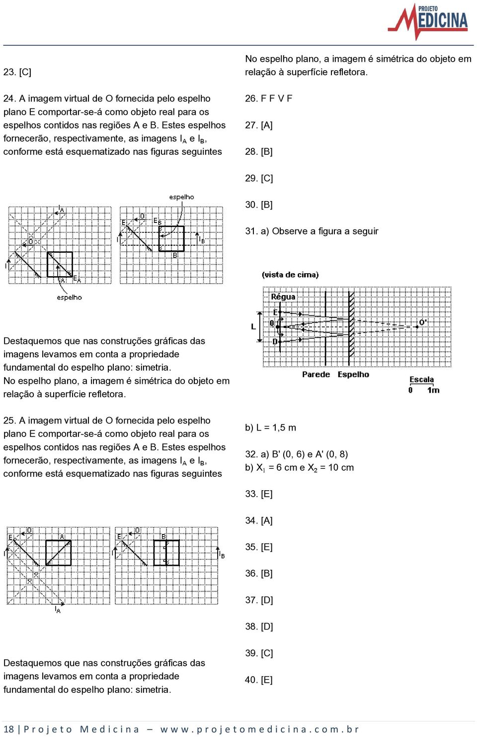 26. F F V F 27. [A] 28. [B] 29. [C] 30. [B] 31. a) Observe a figura a seguir Destaquemos que nas construções gráficas das imagens levamos em conta a propriedade fundamental do espelho plano: simetria.