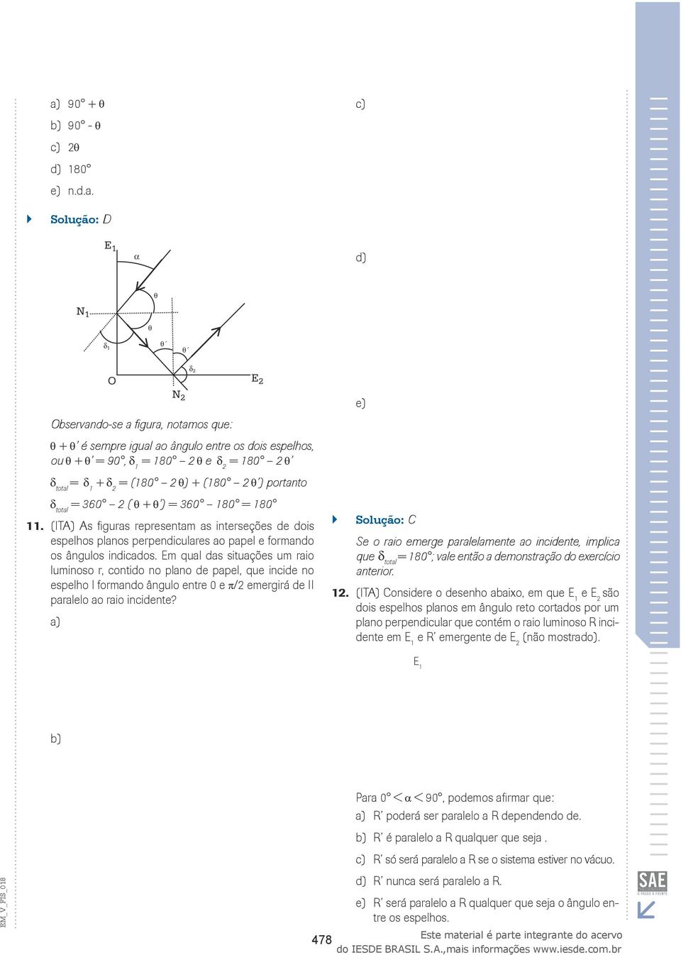 θ + θ ) = 360 180 = 180 total 11. (IT) s figuras representam as interseções de dois espelhos planos perpendiculares ao papel e formando os ângulos indicados.