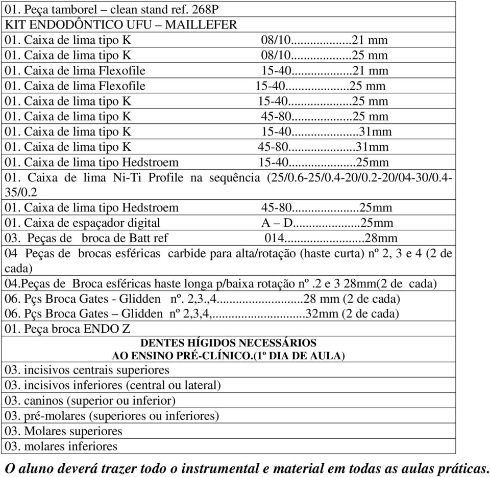 Caixa de lima Ni-Ti Profile na sequência (25/0.6-25/0.4-20/0.2-20/04-30/0.4-35/0.2 01. Caixa de lima tipo Hedstroem 45-80...25mm 01. Caixa de espaçador digital A D...25mm 03.