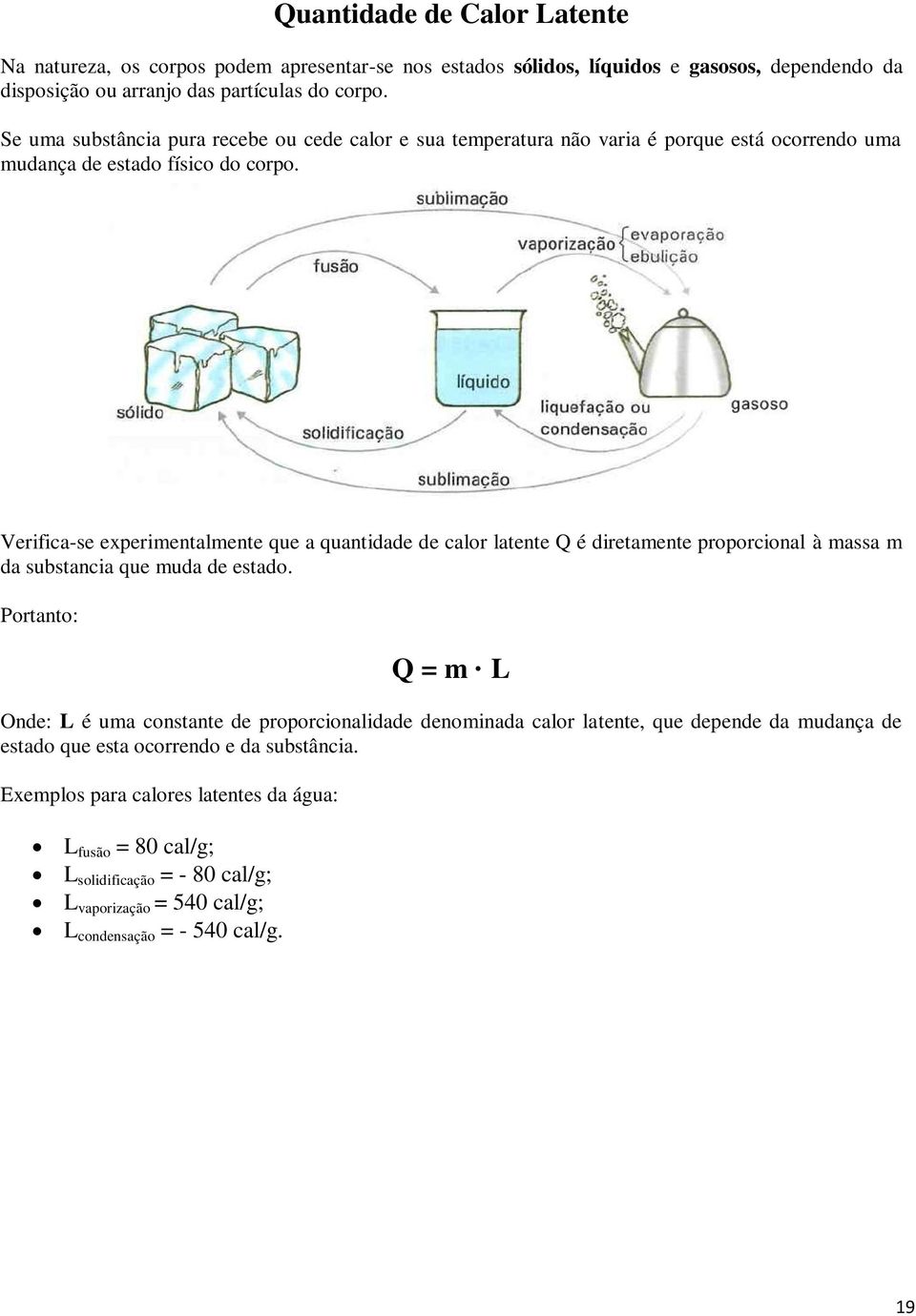 Verifica-se experimentalmente que a quantidade de calor latente Q é diretamente proporcional à massa m da substancia que muda de estado.