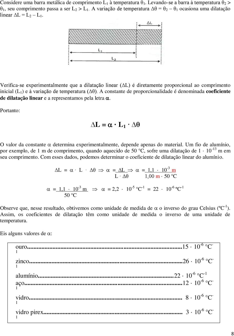 Verifica-se experimentalmente que a dilatação linear ( L) é diretamente proporcional ao comprimento inicial (L 1 ) e à variação de temperatura ( θ).