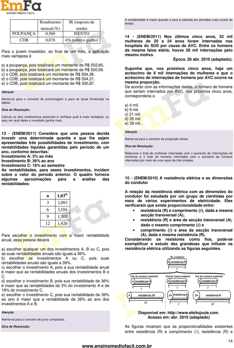 e) o CDB, pois totalizará um montante de R$ 500,87. Atente-se para o conceito de porcentagem e para as taxas fornecidas na tabela.