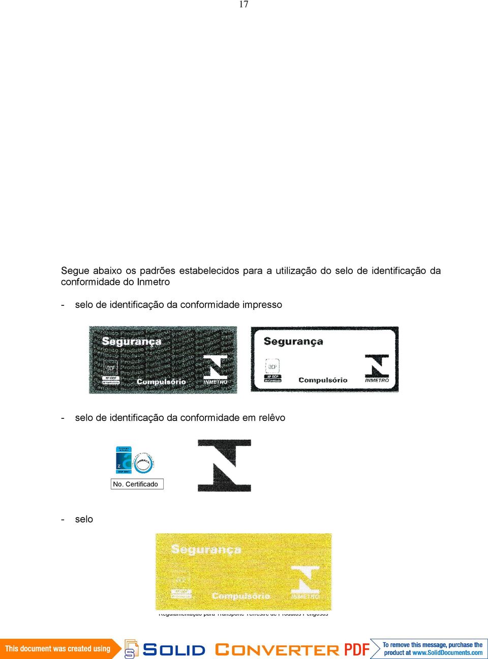 Inmetro - selo de identificação da conformidade impresso