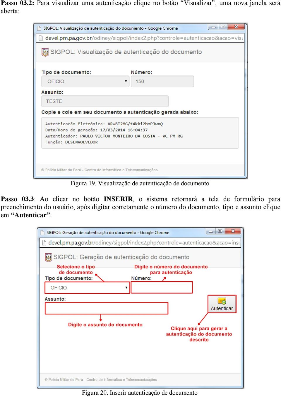 19. Visualização de autenticação de documento 3: Ao clicar no botão INSERIR, o sistema retornará a