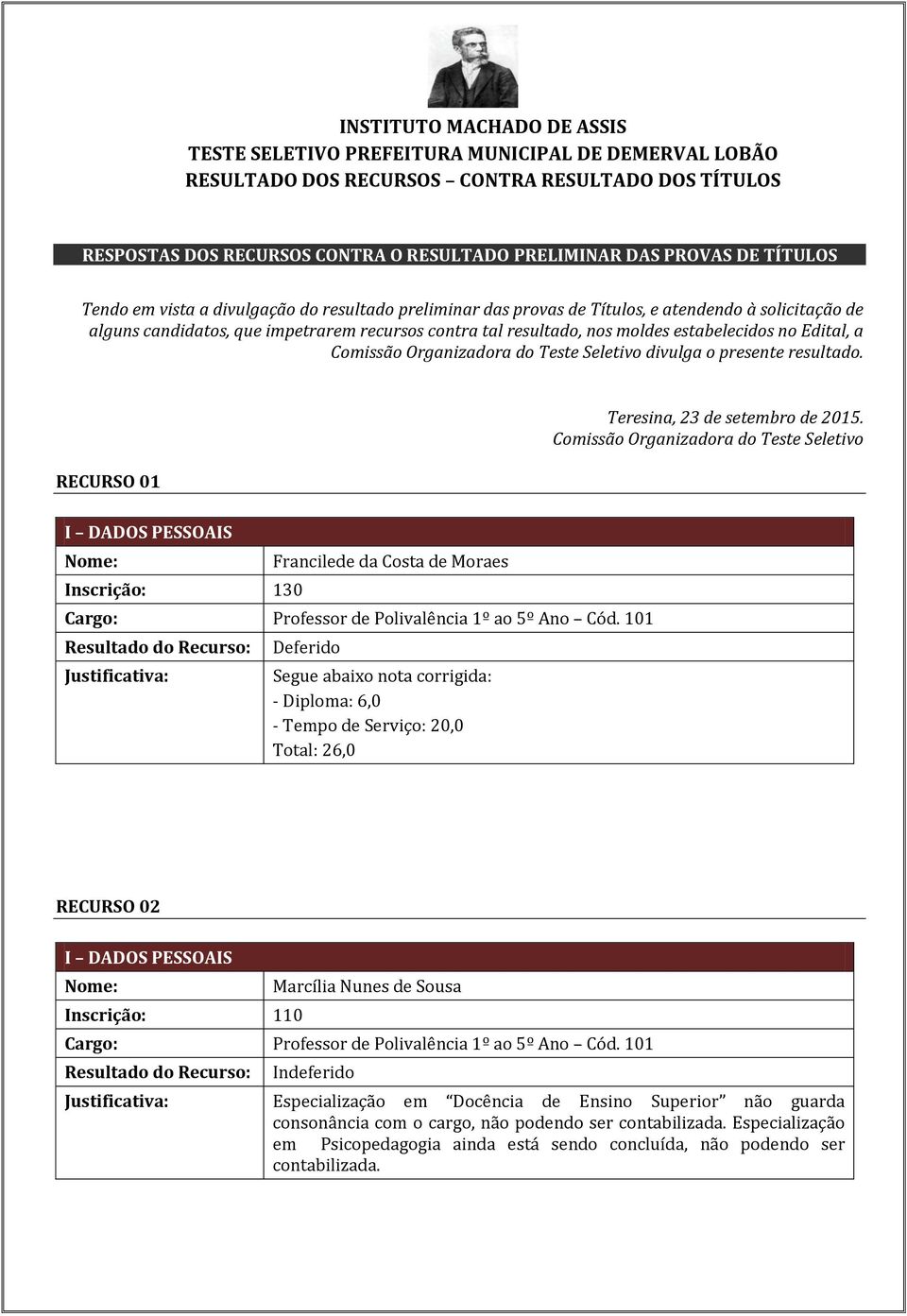 estabelecidos no Edital, a Comissão Organizadora do Teste Seletivo divulga o presente resultado. RECURSO 01 Teresina, 23 de setembro de 2015.