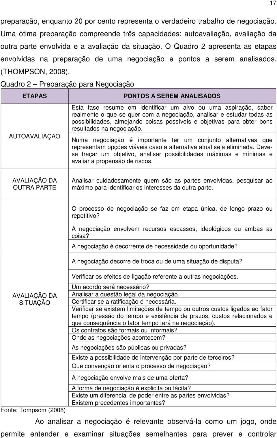 O Quadro 2 apresenta as etapas envolvidas na preparação de uma negociação e pontos a serem analisados. (THOMPSON, 2008).