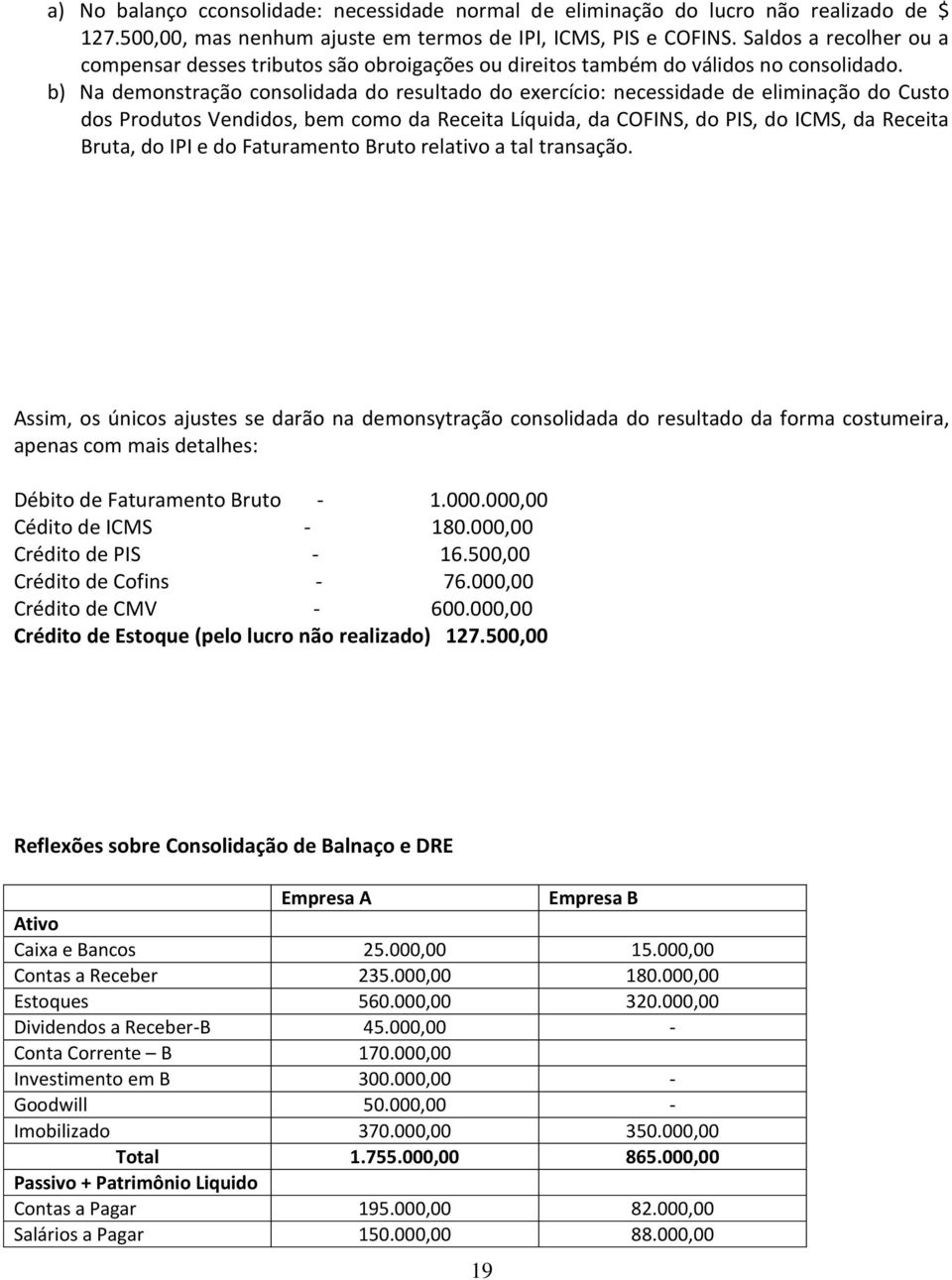 b) Na demonstração consolidada do resultado do exercício: necessidade de eliminação do Custo dos Produtos Vendidos, bem como da Receita Líquida, da COFINS, do PIS, do ICMS, da Receita Bruta, do IPI e