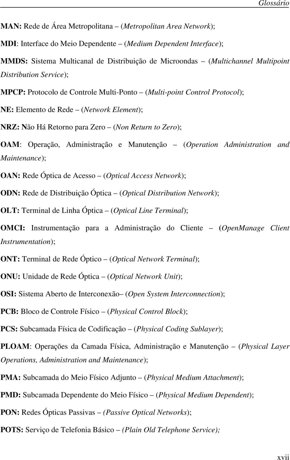 Return to Zero); OAM: Operação, Administração e Manutenção (Operation Administration and Maintenance); OAN: Rede Óptica de Acesso (Optical Access Network); ODN: Rede de Distribuição Óptica (Optical