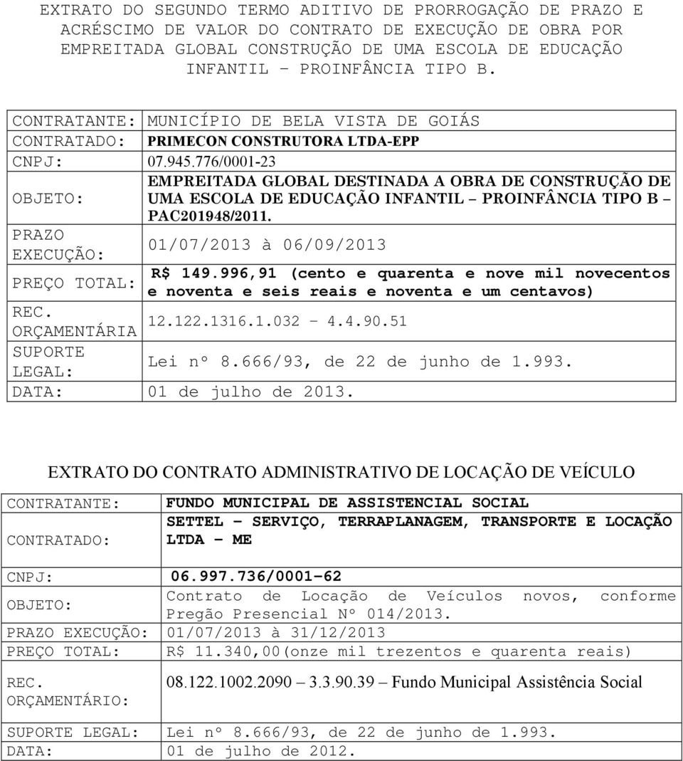 776/0001-23 EMPREITADA GLOBAL DESTINADA A OBRA DE CONSTRUÇÃO DE UMA ESCOLA DE EDUCAÇÃO INFANTIL PROINFÂNCIA TIPO B PAC201948/2011. 01/07/2013 à 06/09/2013 R$ 149.