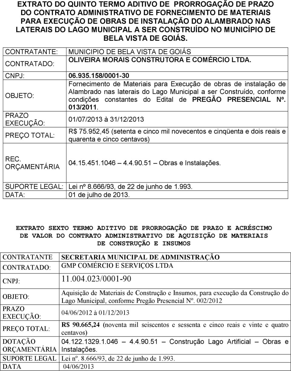 158/0001-30 Fornecimento de Materiais para Execução de obras de instalação de Alambrado nas laterais do Lago Municipal a ser Construído, conforme condições constantes do Edital de PREGÃO PRESENCIAL