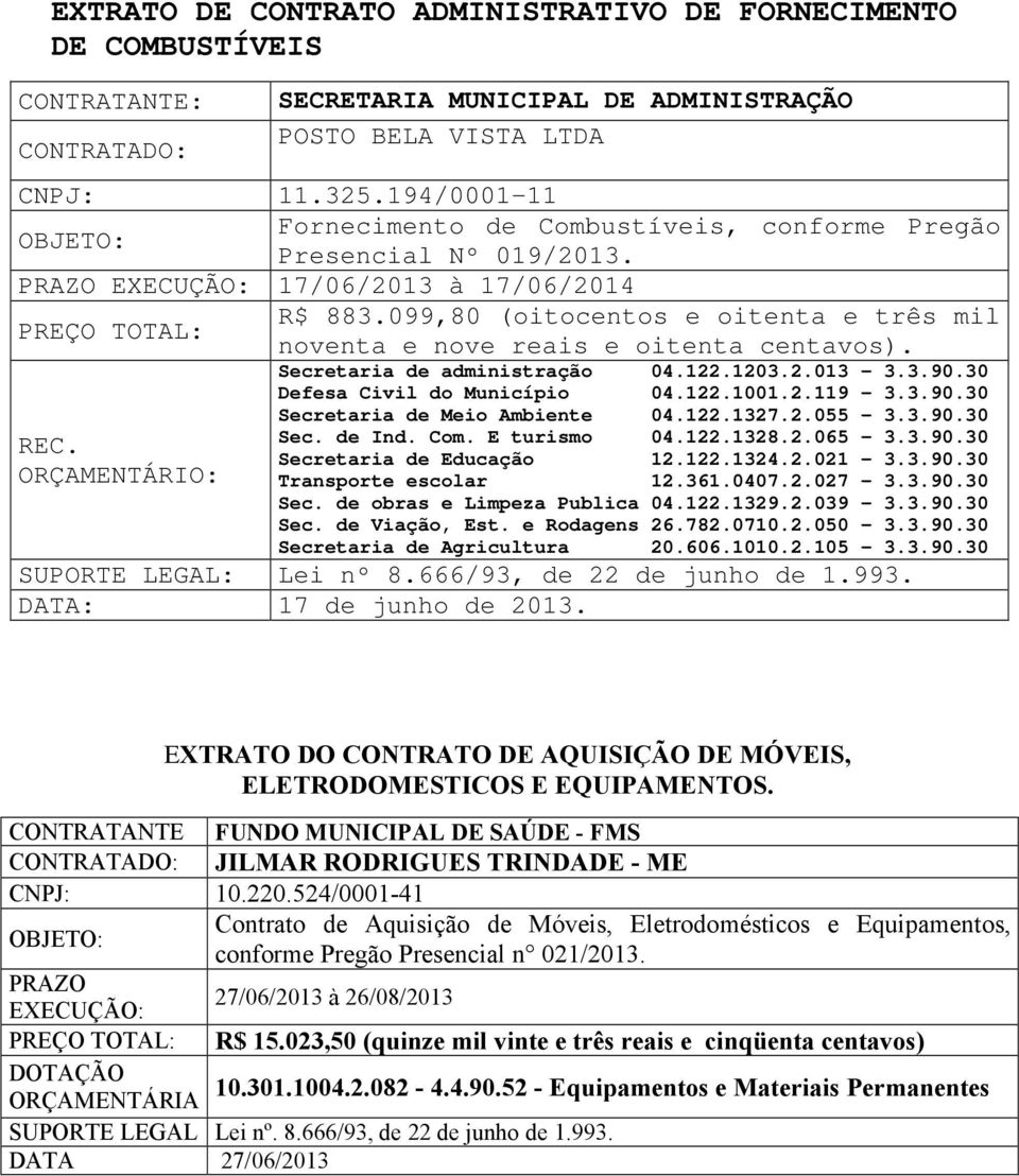 Secretaria de administração 04.122.1203.2.013-3.3.90.30 Defesa Civil do Município 04.122.1001.2.119-3.3.90.30 Secretaria de Meio Ambiente 04.122.1327.2.055-3.3.90.30 Sec. de Ind. Com. E turismo 04.