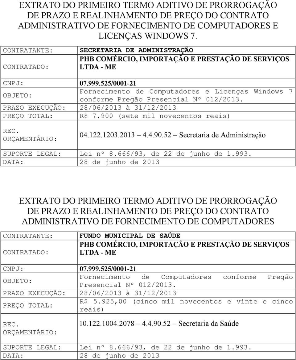 525/0001-21 Fornecimento de Computadores e Licenças Windows 7 conforme Pregão Presencial Nº 012/2013. 28/06/2013 à 31/12/2013 R$ 7.900