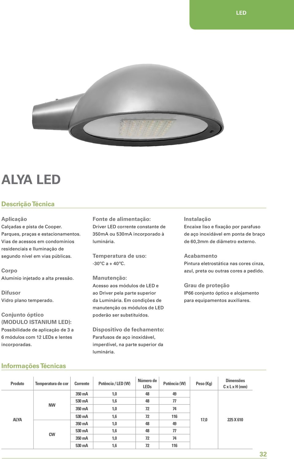 Fonte de alimentação: Driver LED corrente constante de 350mA ou 530mA incorporado à luminária. Temperatura de uso: -30ºC a + 40ºC.