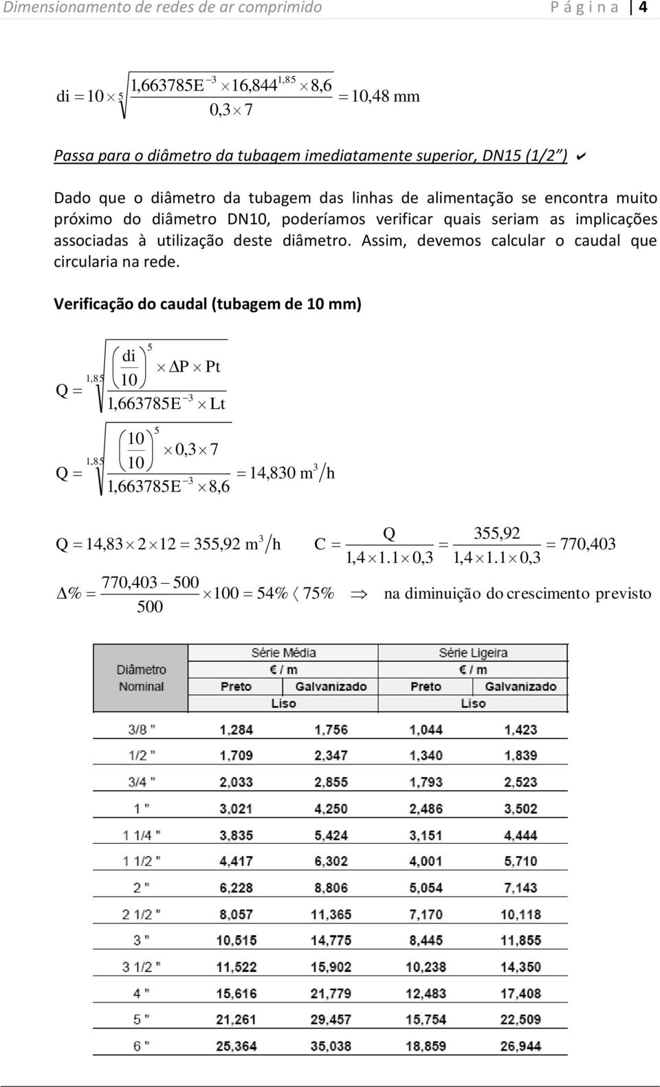 implicações associadas à utilização deste diâmetro. Assim, devemos calcular o caudal que circularia na rede.