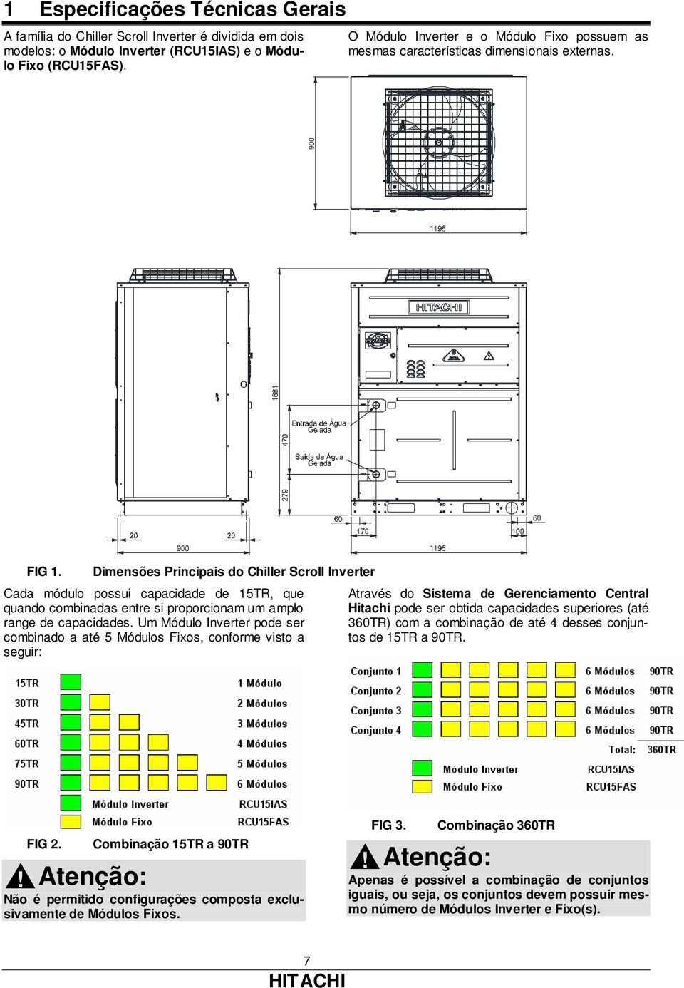 Dimensões Principais do Chiller Scroll Inverter Cada módulo possui capacidade de 15TR, que quando combinadas entre si proporcionam um amplo range de capacidades.