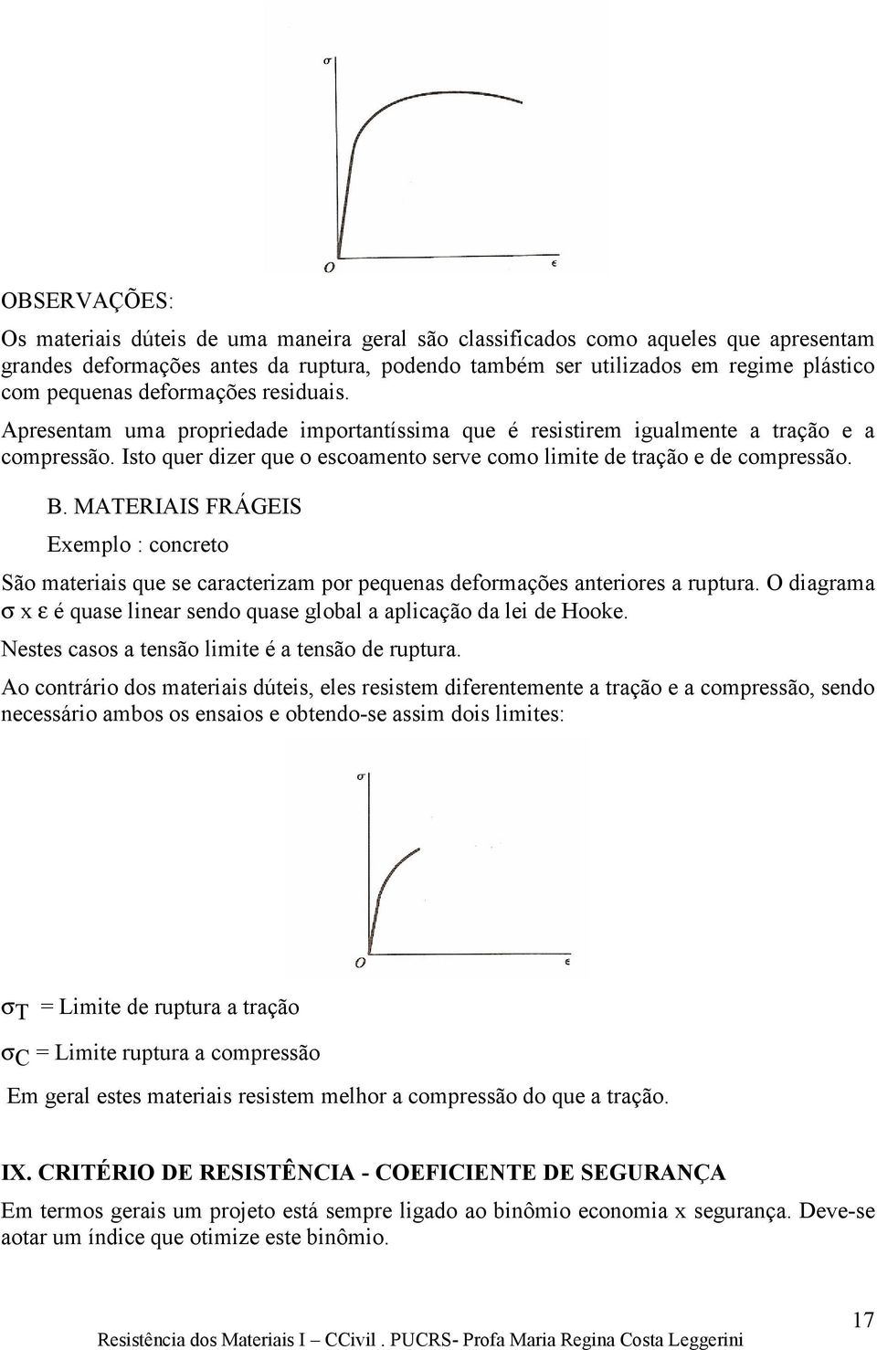 MATERIAIS FRÁGEIS Exemplo : concreto São materiais que se caracterizam por pequenas deformações anteriores a ruptura. O diagrama σ x ε é quase linear sendo quase global a aplicação da lei de Hooke.