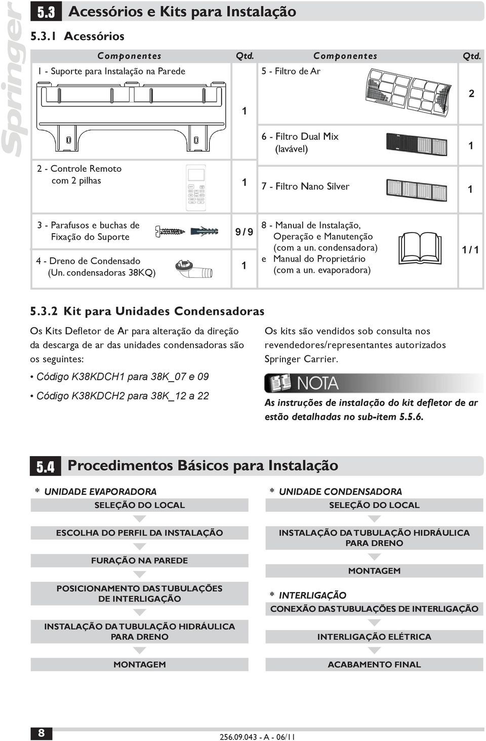 1 - Suporte para Instalação na Parede 5 - Filtro de Ar 2 1 6 - Filtro Dual Mix (lavável) 1 2 - Controle Remoto com 2 pilhas 1 7 - Filtro Nano Silver 1 3 - Parafusos e buchas de Fixação do Suporte 4 -