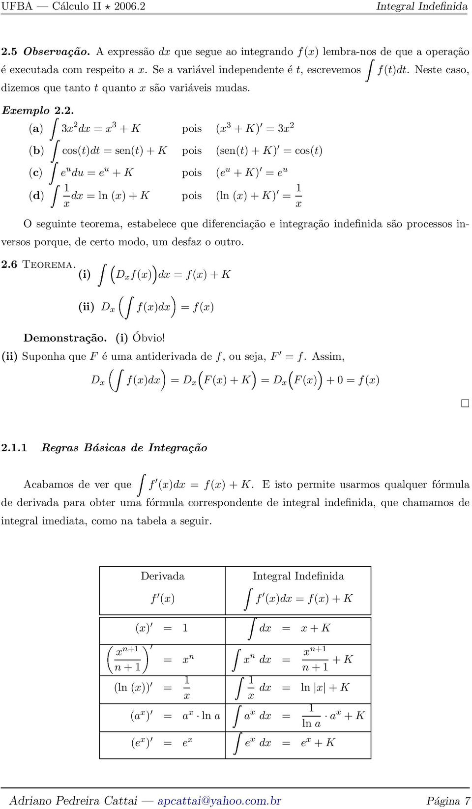 . (a)3x dx = x 3 + K pois (x 3 + K) = 3x (b)cos(t)dt = sen(t) + K pois (sen(t) + K) = cos(t) (c)e u du = e u + K pois (e u + K) = e u (d) x dx = ln (x) + K pois (ln (x) + K) = x O seguinte teorema,