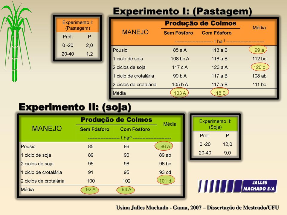 soja 108 bc A 118 a B 112 bc 2 ciclos de soja 117 c A 123 a A 120 c 1 ciclo de crotalária 99 b A 117 a B 108 ab 2 ciclos de crotalária 105 b A 117 a B 111 bc Média 103 A 118 B Experimento II: (soja)