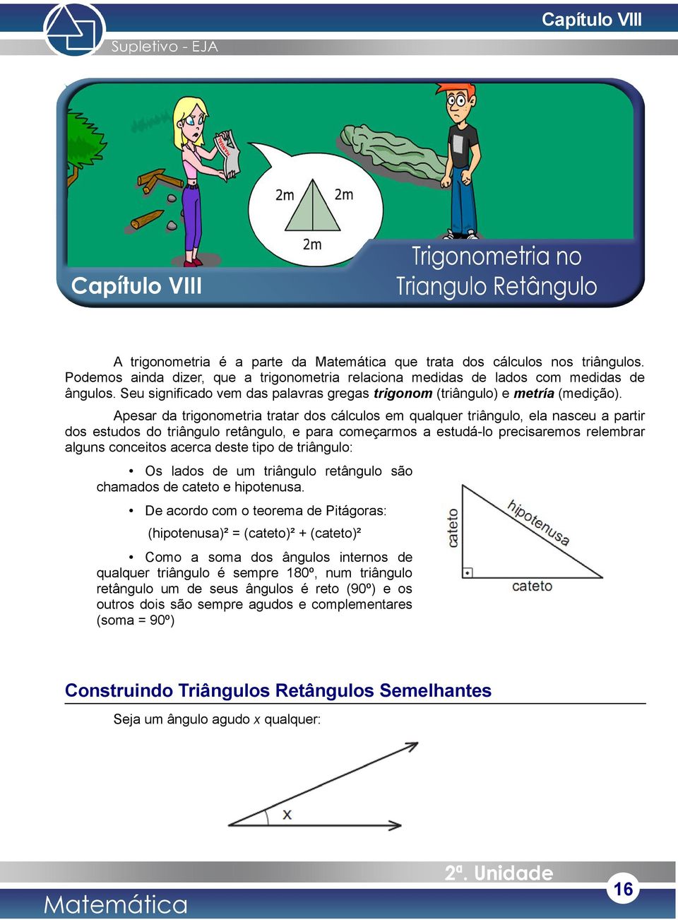 Apesar da trigonometria tratar dos cálculos em qualquer triângulo, ela nasceu a partir dos estudos do triângulo retângulo, e para começarmos a estudá-lo precisaremos relembrar alguns conceitos acerca