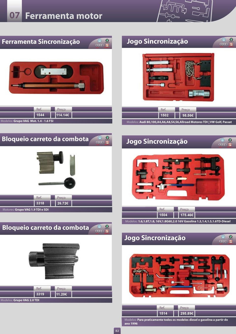 72 Jogo Sincronização Motores: Grupo VAG 1.9 TDI e SDI 1504 175.46 Modelos: 1.6,1.8T,1.8, 16V,1.8G60,2.0 16V Gasolina 1.3,1.4,1.5,1.