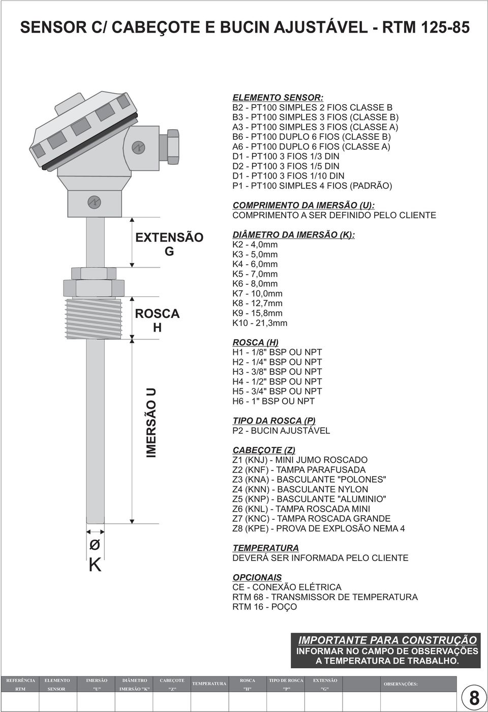 A SER DEFINIDO PELO CLIENTE o K EXTENSÃO G H IMERSÃO U DIÂMETRO DA IMERSÃO (K): K2-4,0mm K3-5,0mm K4-6,0mm K5-7,0mm K6-8,0mm K7-10,0mm K8-12,7mm K9-15,8mm K10-21,3mm (H) H1-1/8" BSP OU NPT H2-1/4"