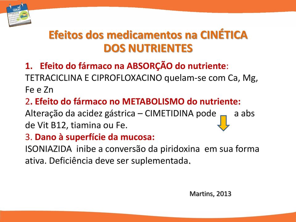 Efeito do fármaco no METABOLISMO do nutriente: Alteração da acidez gástrica CIMETIDINA pode a abs de Vit