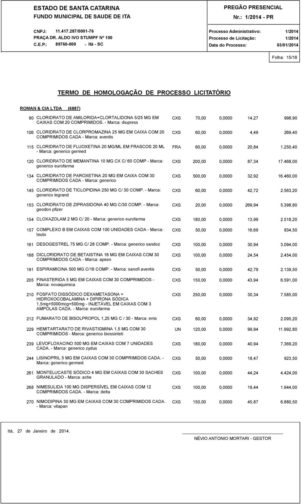 CLORIDRATO DE MEMANTINA 10 MG CX C/ 60 COMP - Marca: generico eurofarma 134 CLORIDRATO DE PAROXETINA 20 MG EM CAIXA COM 30 COMPRIMIDOS CADA - Marca: generico 145 CLORIDRATO DE TICLOPIDINA 250 MG C/