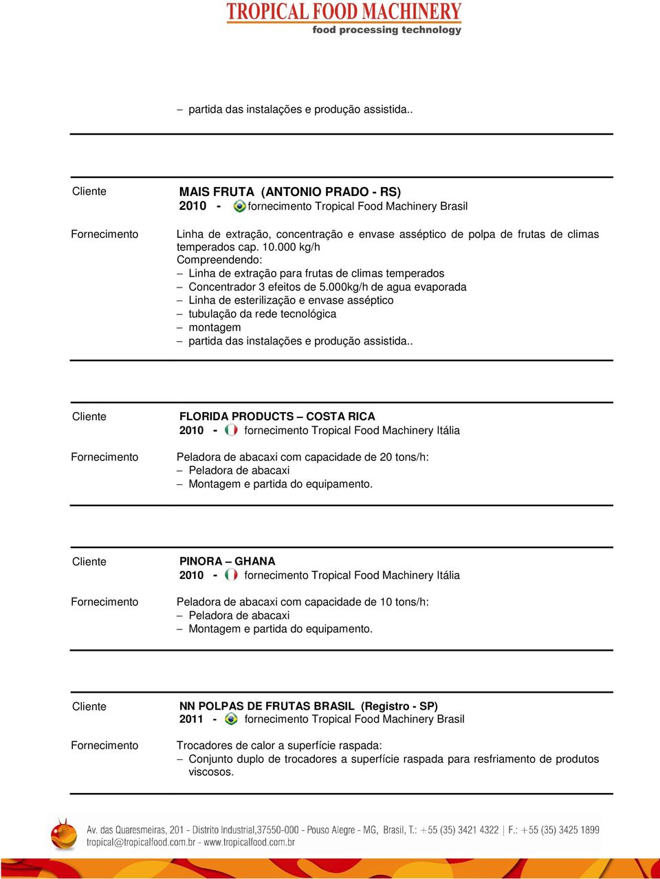 000kg/h de agua evaporada Linha de esterilização e envase asséptico FLORIDA PRODUCTS COSTA RICA 2010 - fornecimento Tropical Food Machinery Itália Peladora de abacaxi com capacidade de 20 tons/h: