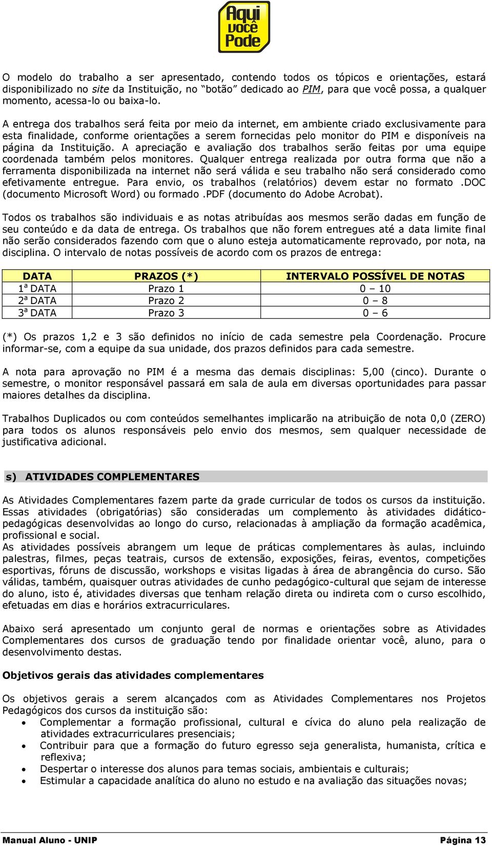 A entrega dos trabalhos será feita por meio da internet, em ambiente criado exclusivamente para esta finalidade, conforme orientações a serem fornecidas pelo monitor do PIM e disponíveis na página da