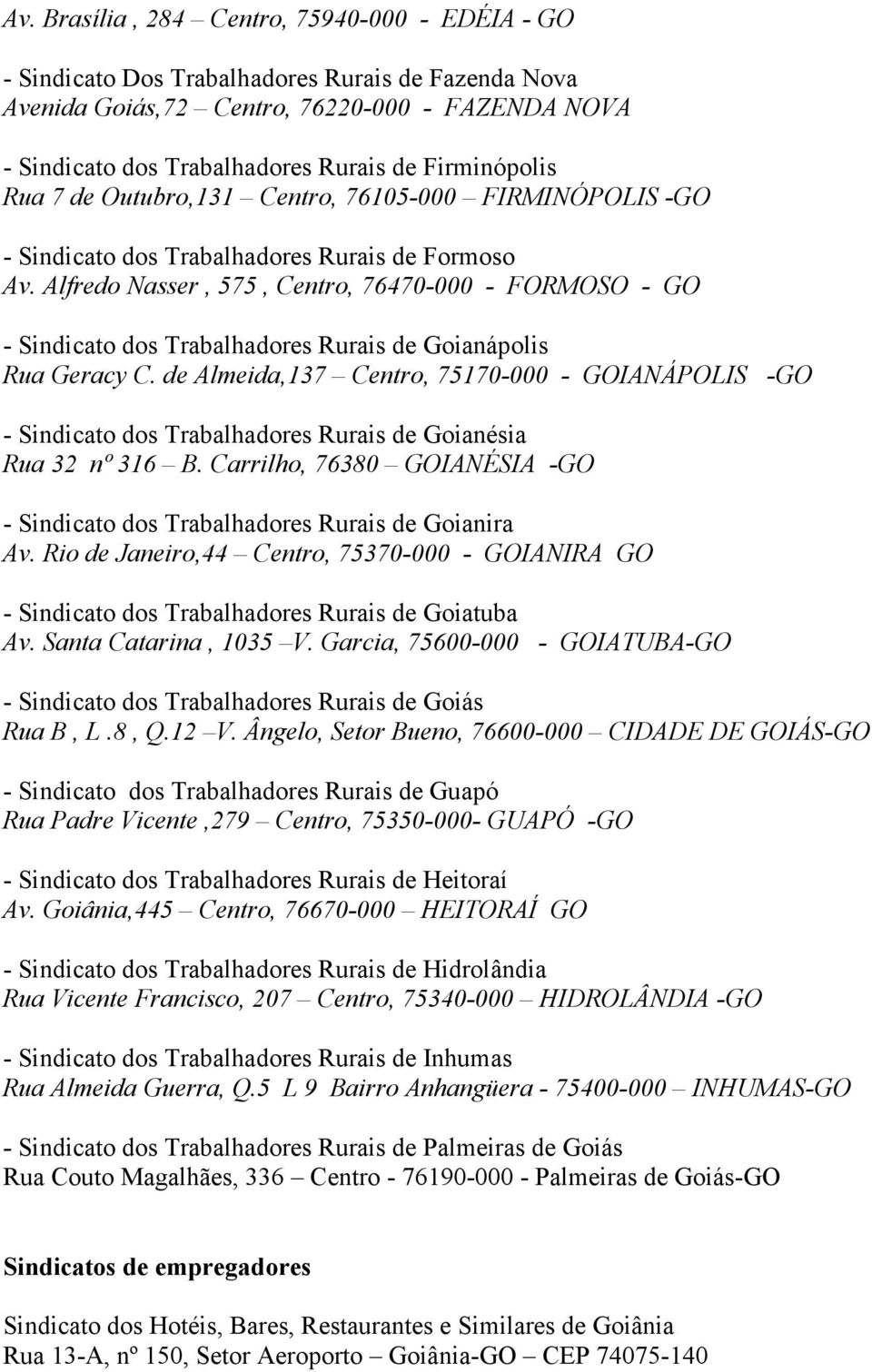 Alfredo Nasser, 575, Centro, 76470-000 - FORMOSO - GO - Sindicato dos Trabalhadores Rurais de Goianápolis Rua Geracy C.