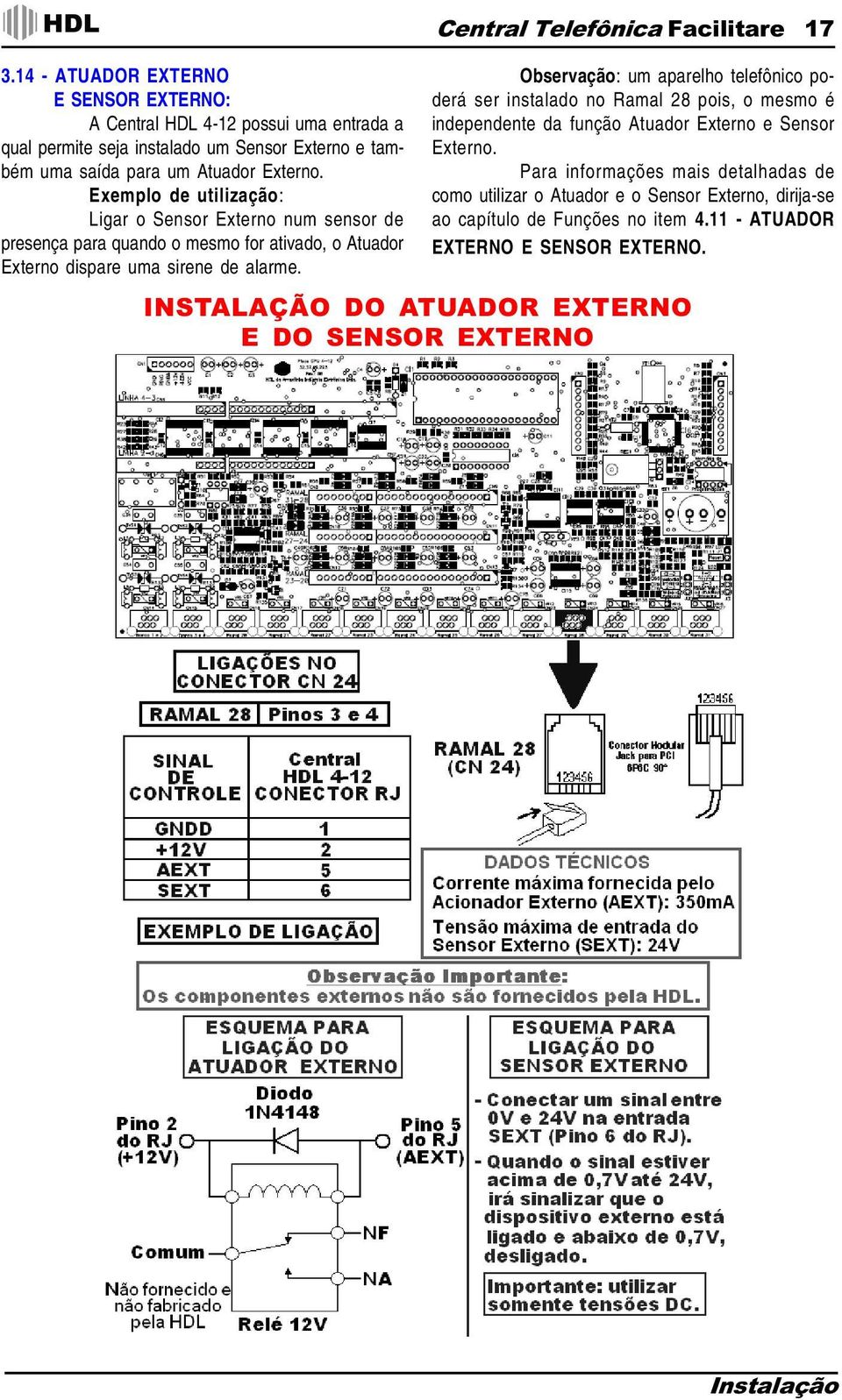 Central Telefônica Facilitare 17 Observação: um aparelho telefônico poderá ser instalado no Ramal 28 pois, o mesmo é independente da função Atuador Externo e Sensor Externo.