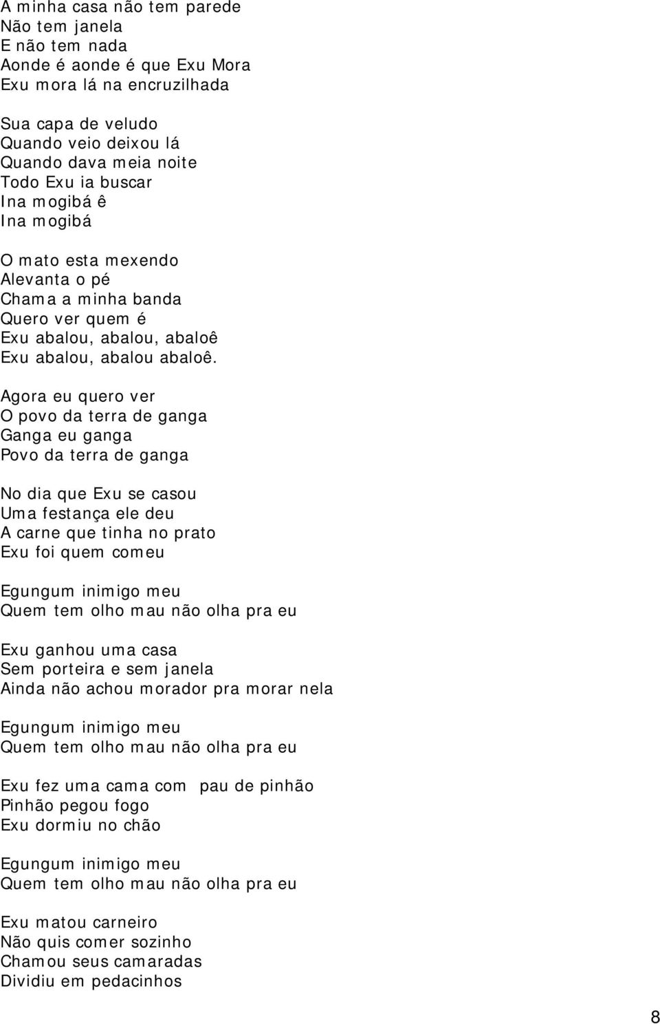 Agora eu quero ver O povo da terra de ganga Ganga eu ganga Povo da terra de ganga No dia que Exu se casou Uma festança ele deu A carne que tinha no prato Exu foi quem comeu Egungum inimigo meu Quem