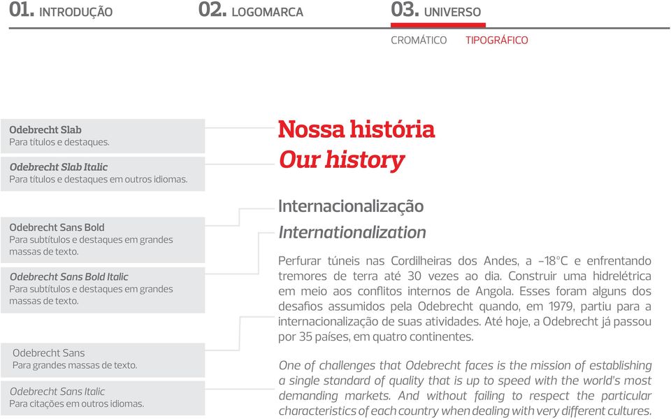 Odebrecht Sans Para grandes massas de texto. Odebrecht Sans Italic Para citações em outros idiomas.