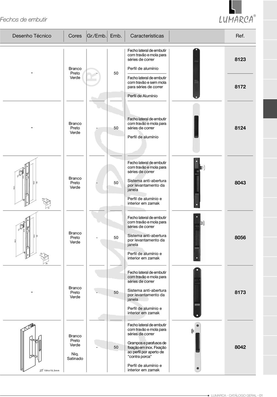 alumínio 8124 com travão e mola para séries de correr Sistema antiabertura por levantamento da janela 8043 Perfil de alumínio e interior em zamak com travão e mola para séries de correr Sistema