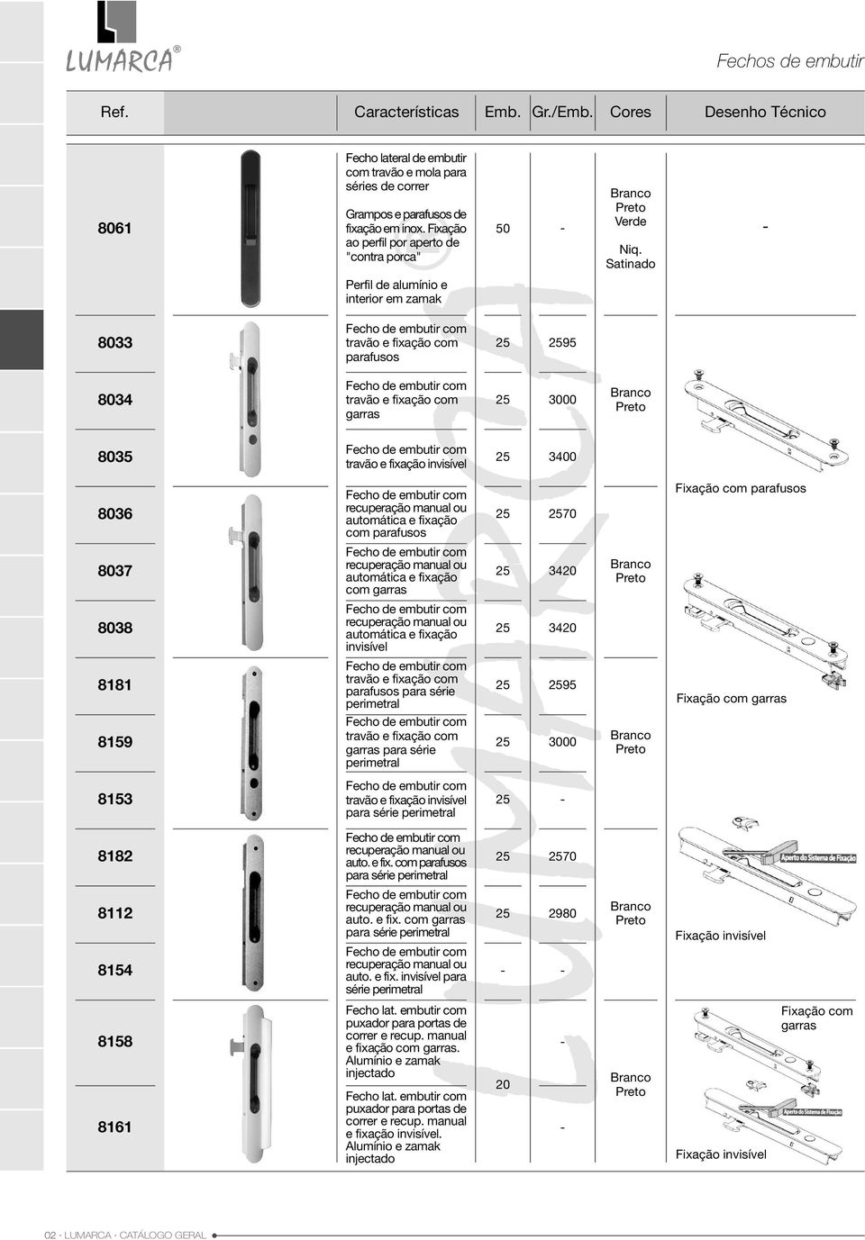 e fixação com parafusos 70 Fixação com parafusos 8037 recuperação manual ou automática e fixação com garras 3420 8038 recuperação manual ou automática e fixação invisível 3420 8181 travão e fixação