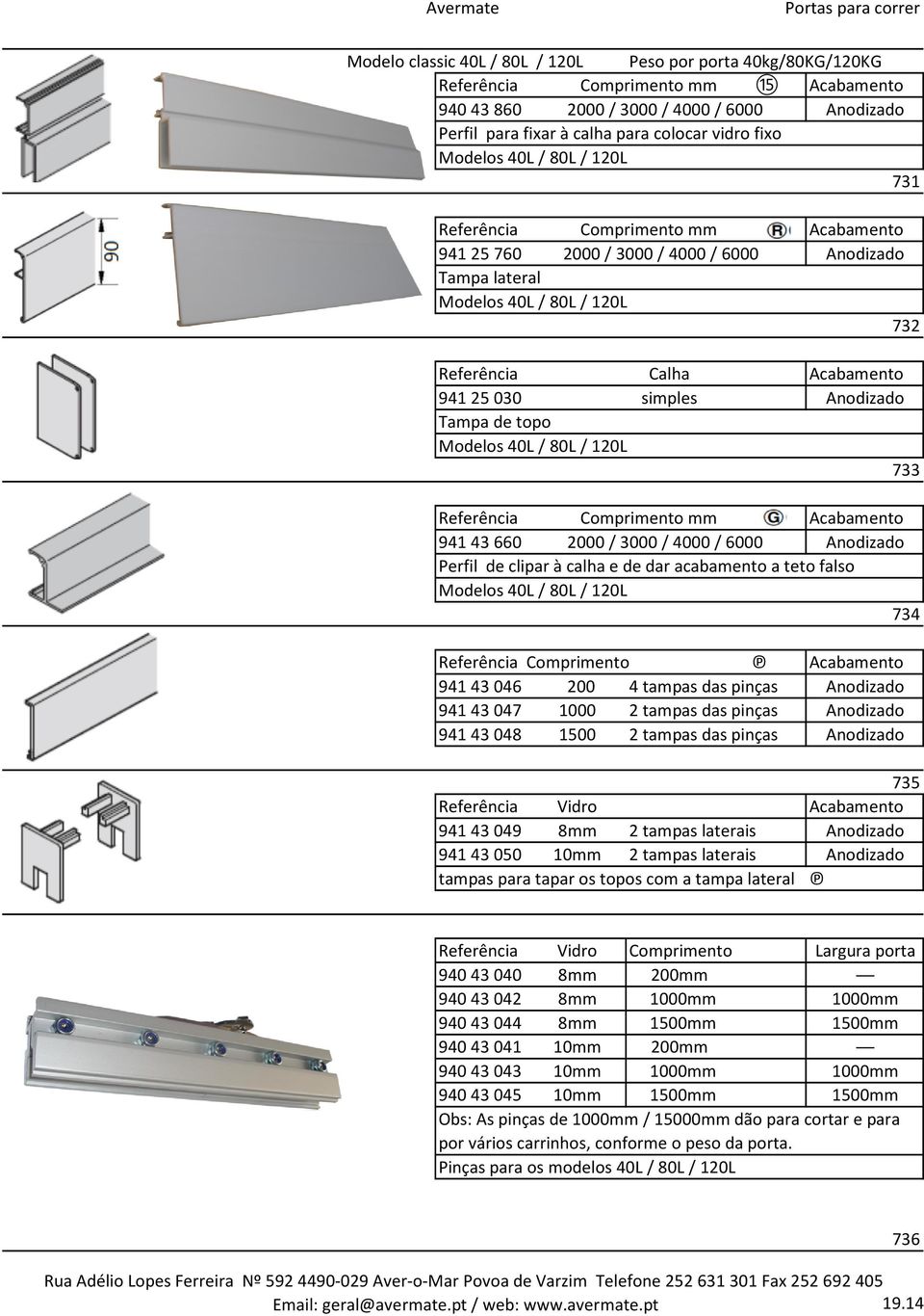 40L / 80L / 120L 733 Comprimento mm Acabamento 94143660 2000 / 3000 / 4000 / 6000 Anodizado Perfil de clipar à calha e de dar acabamento a teto falso Modelos 40L / 80L / 120L 734 Comprimento