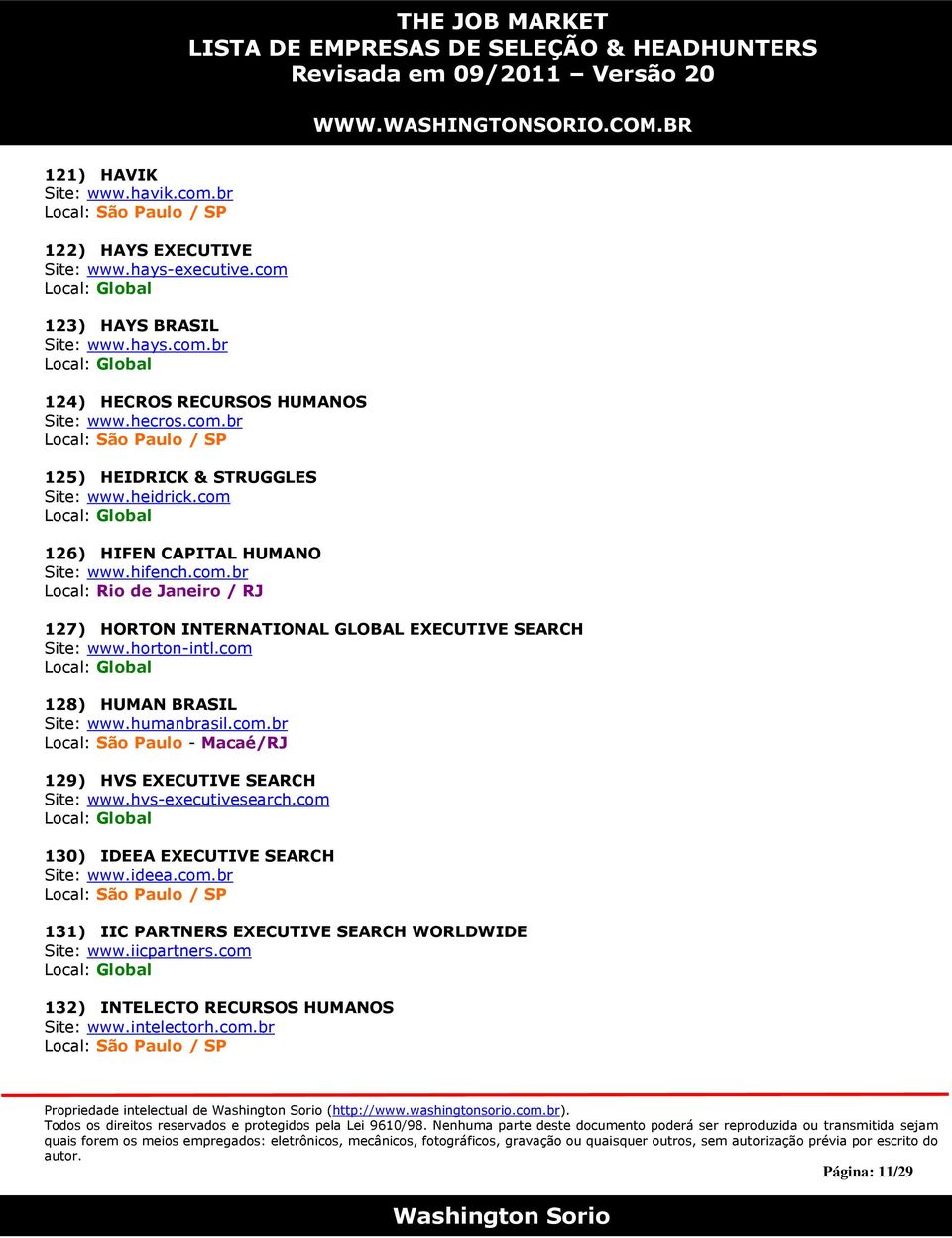 com 128) HUMAN BRASIL Site: www.humanbrasil.com.br Local: São Paulo - Macaé/RJ 129) HVS EXECUTIVE SEARCH Site: www.hvs-executivesearch.com 130) IDEEA EXECUTIVE SEARCH Site: www.