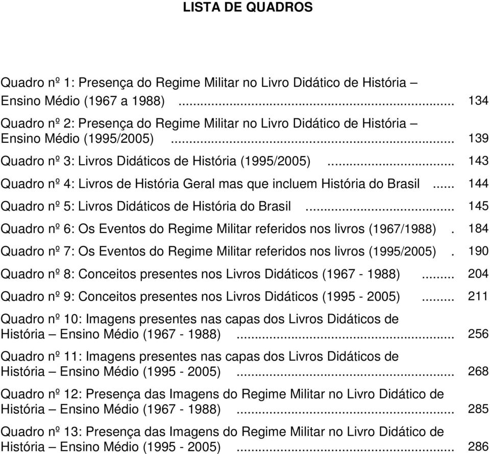 .. 143 Quadro nº 4: Livros de História Geral mas que incluem História do Brasil... 144 Quadro nº 5: Livros Didáticos de História do Brasil.