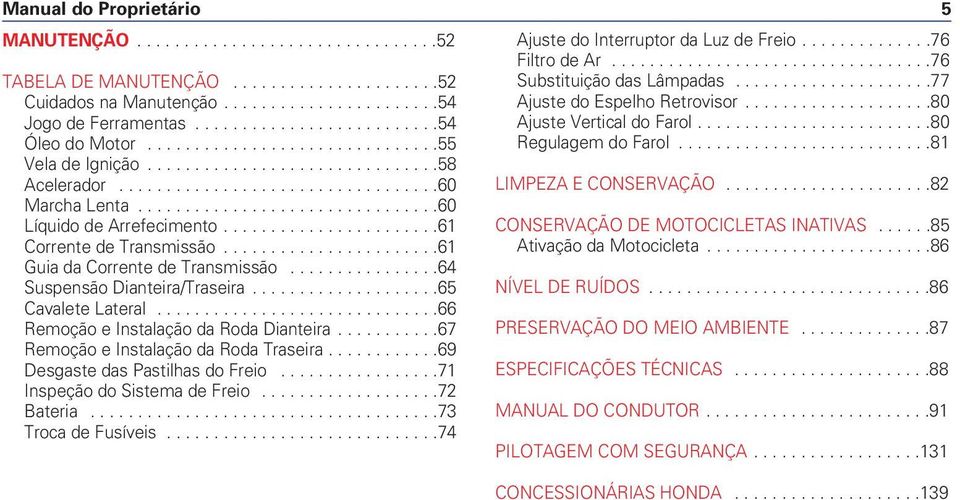 ......................61 Corrente de Transmissão.......................61 Guia da Corrente de Transmissão................64 Suspensão Dianteira/Traseira....................65 Cavalete Lateral.