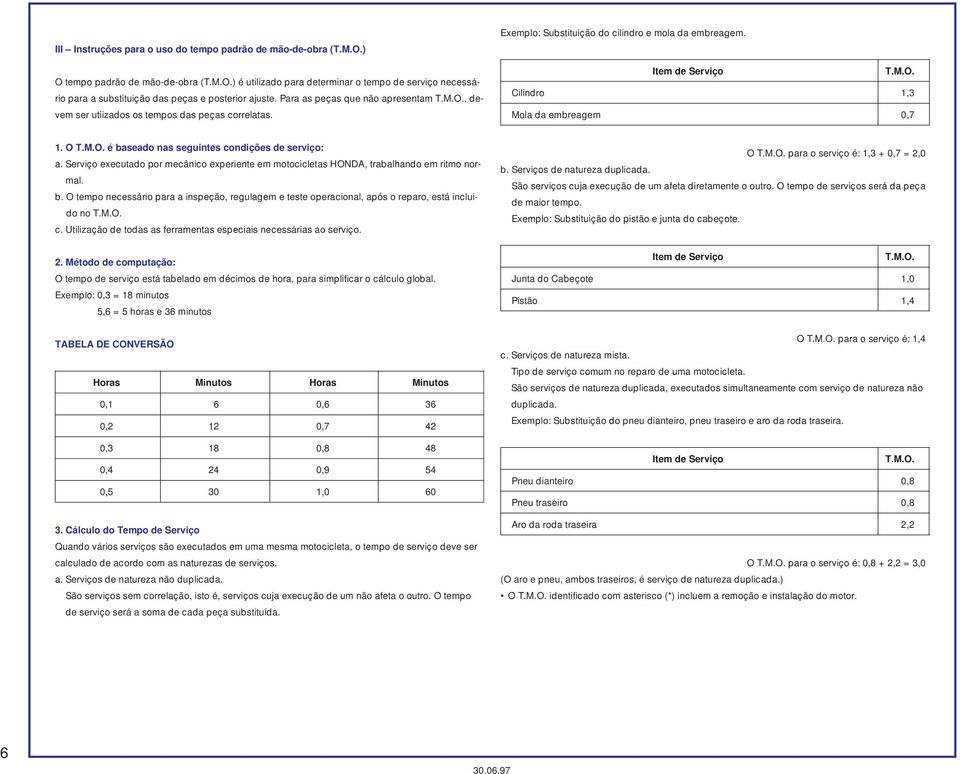 O T.M.O. é baseado nas seguintes condições de serviço: a. Serviço executado por mecânico experiente em motocicletas HONDA, trabalhando em ritmo normal. b. O tempo necessário para a inspeção, regulagem e teste operacional, após o reparo, está incluido no T.