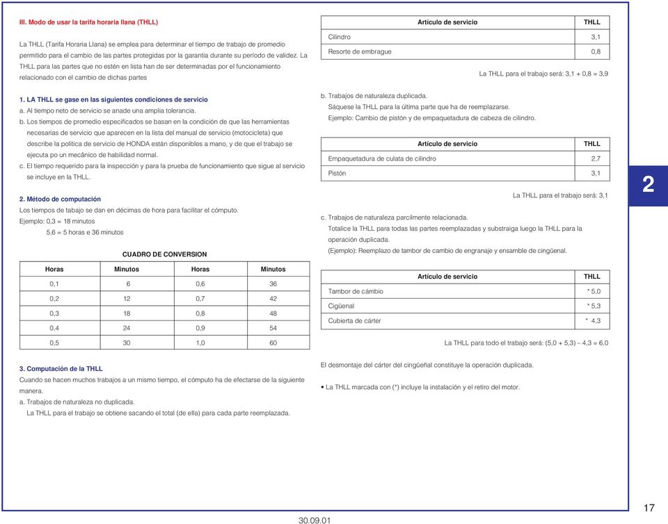 La THLL para las partes que no estén en lista han de ser determinadas por el funcionamiento relacionado con el cambio de dichas partes Cilindro, Resorte de embrague 0, La THLL para el trabajo será:,