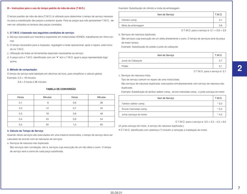 Serviço executado por mecânico experiente em motocicletas HONDA, trabalhando em ritmo normal. b. O tempo necessário para a inspeção, regulagem e teste operacional, após o reparo, está incluido no T.M.