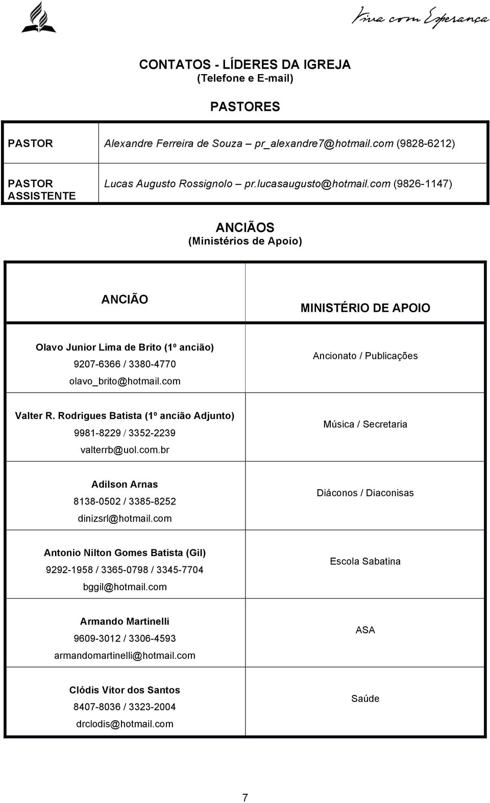 Rodrigues Batista (1º ancião Adjunto) 9981-8229 / 3352-2239 valterrb@uol.com.br Música / Secretaria Adilson Arnas 8138-0502 / 3385-8252 dinizsrl@hotmail.