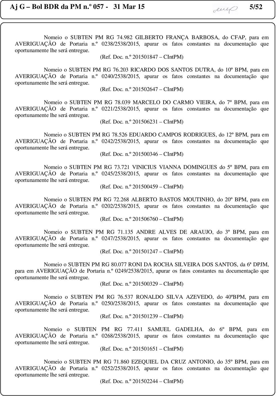 º 0240/2538/2015, apurar os fatos constantes na documentação que (Ref. Doc. n.º 201502647 CIntPM) Nomeio o SUBTEN PM RG 78.039 MARCELO DO CARMO VIEIRA, do 7º BPM, para em AVERIGUAÇÃO de Portaria n.