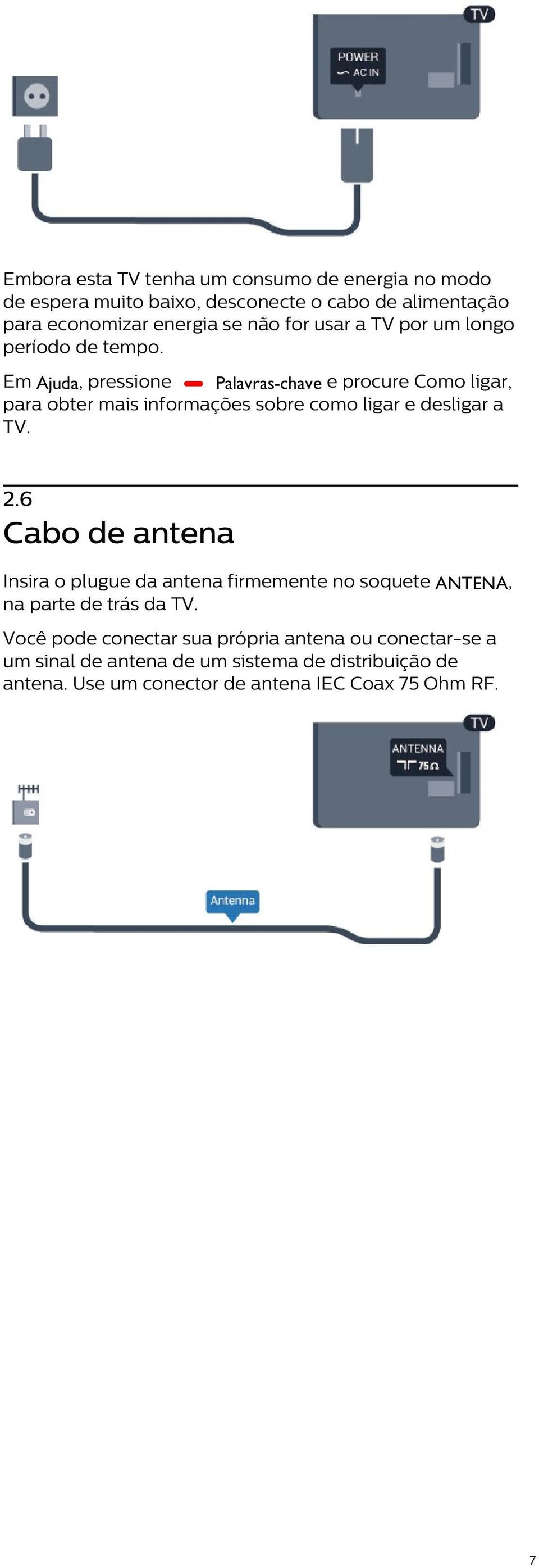 Em Ajuda, pressione Palavras-chave e procure Como ligar, para obter mais informações sobre como ligar e desligar a TV. 2.